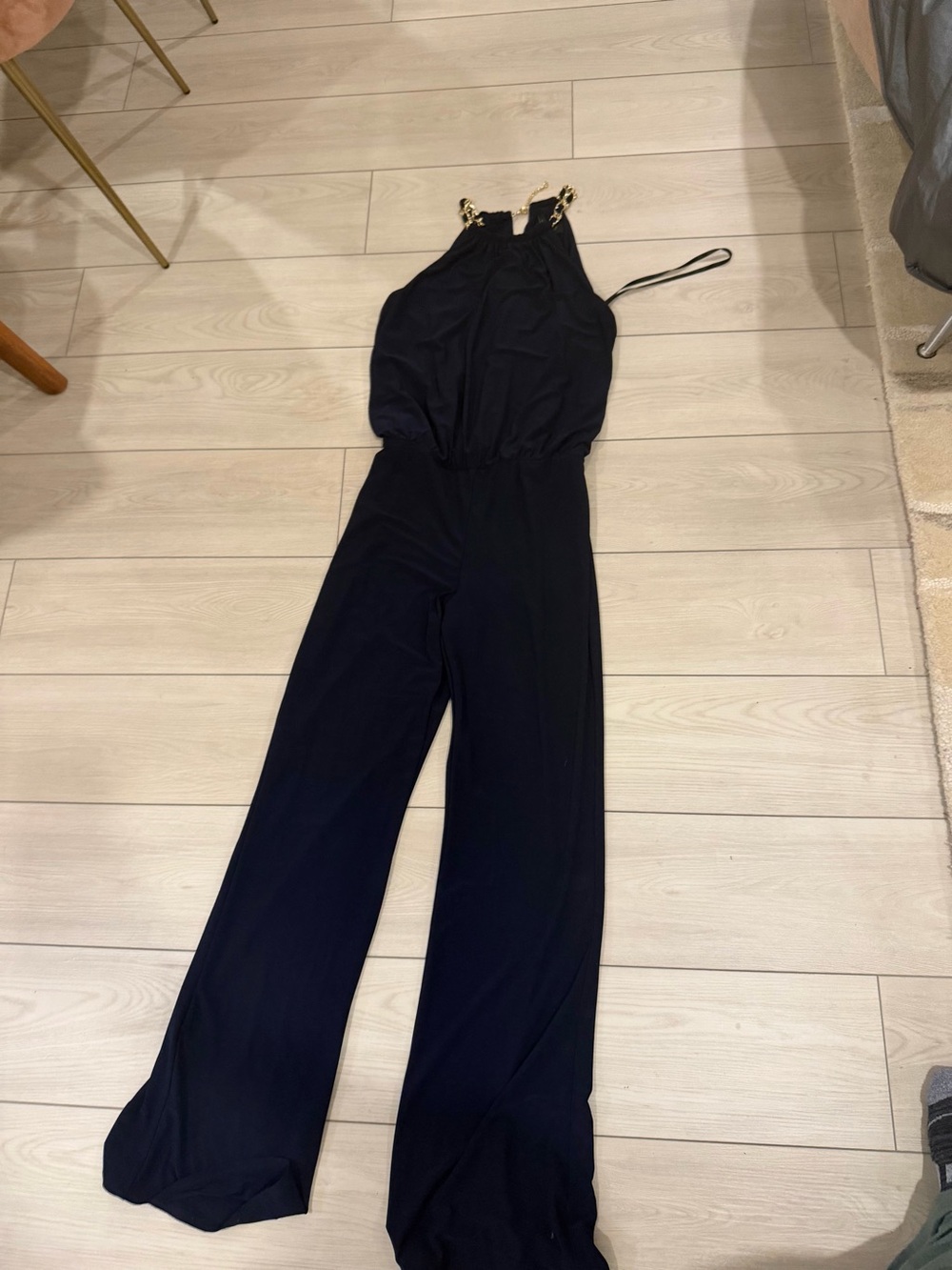 Laundry By Shelli Segal Navy Halter Jumpsuit with Gold Chain Straps